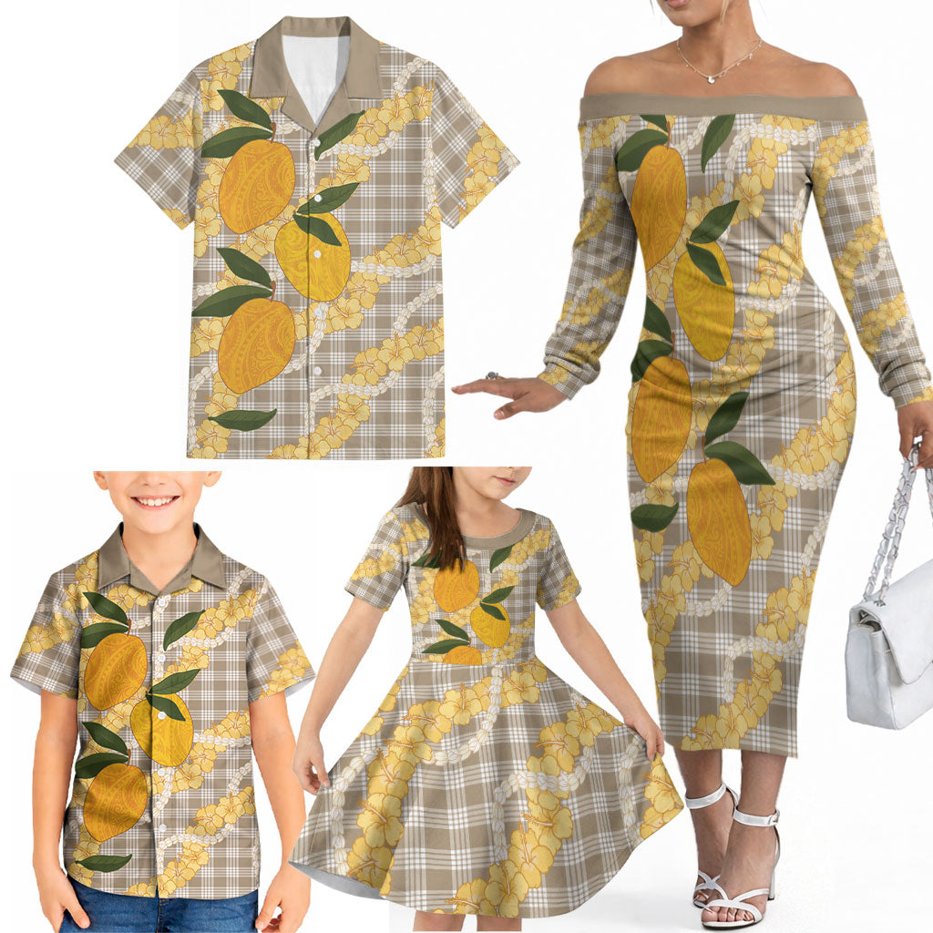 Maku'e Hawaiian Mango Palaka Family Matching Off The Shoulder Long Sleeve Dress and Hawaiian Shirt Aloha Hibiscus Pikake Lei LT9 - Polynesian Pride