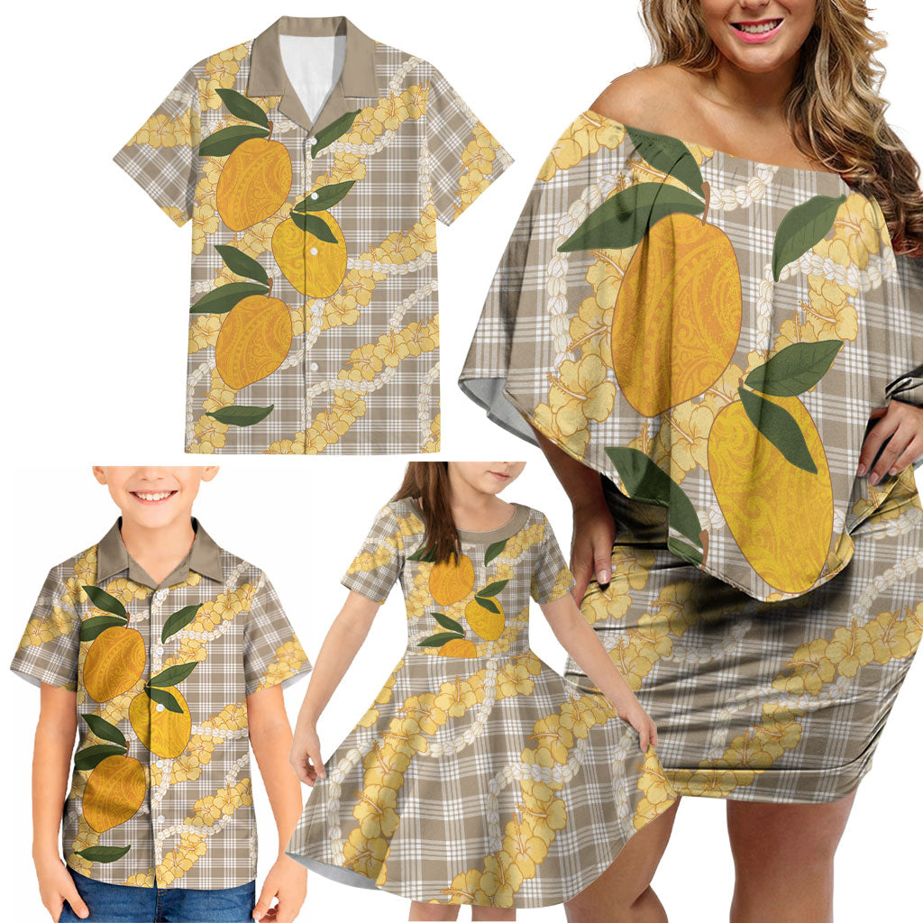Maku'e Hawaiian Mango Palaka Family Matching Off Shoulder Short Dress and Hawaiian Shirt Aloha Hibiscus Pikake Lei