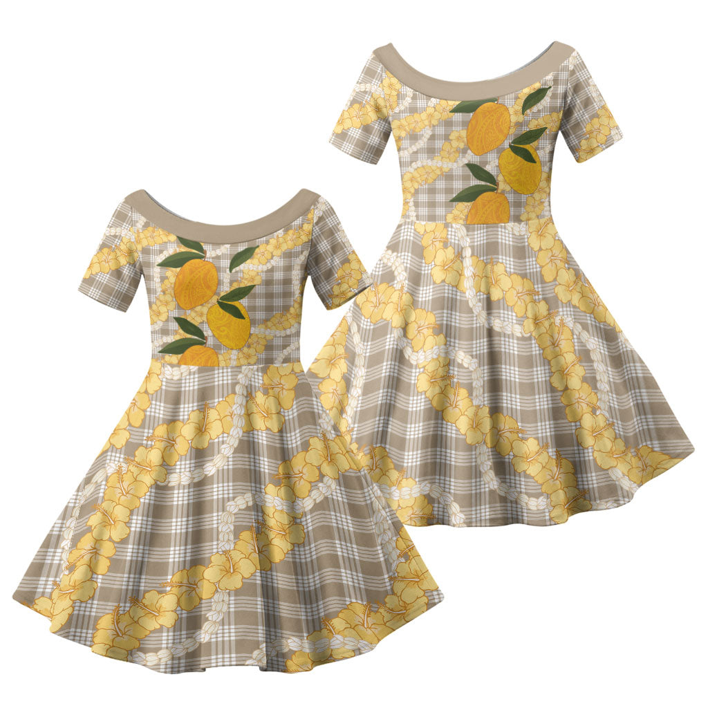 Maku'e Hawaiian Mango Palaka Family Matching Off Shoulder Short Dress and Hawaiian Shirt Aloha Hibiscus Pikake Lei