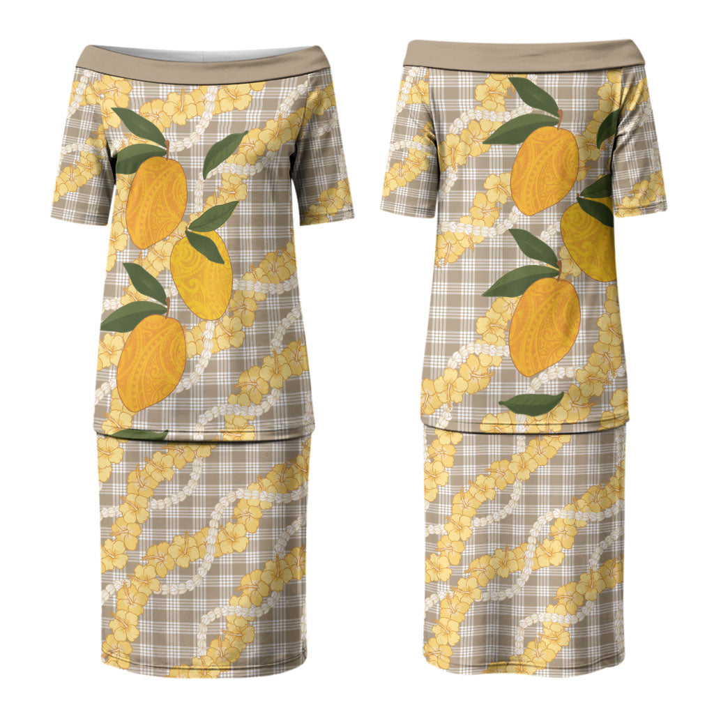 Maku'e Hawaiian Mango Palaka Family Matching Puletasi and Hawaiian Shirt Aloha Hibiscus Pikake Lei