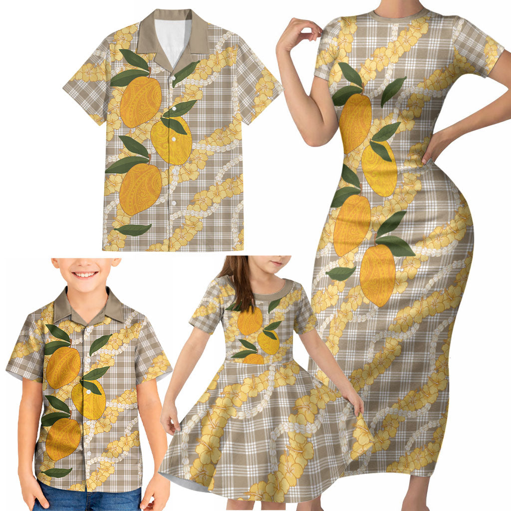 Maku'e Hawaiian Mango Palaka Family Matching Short Sleeve Bodycon Dress and Hawaiian Shirt Aloha Hibiscus Pikake Lei LT9 - Polynesian Pride