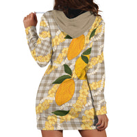 Maku'e Hawaiian Mango Palaka Hoodie Dress Aloha Hibiscus Pikake Lei