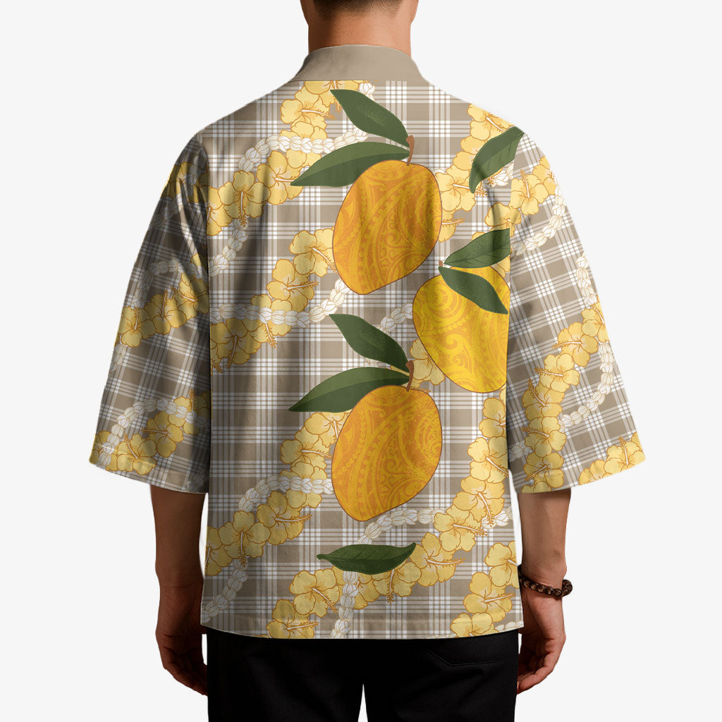 Maku'e Hawaiian Mango Palaka Kimono Aloha Hibiscus Pikake Lei