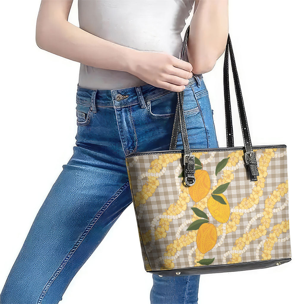 Maku'e Hawaiian Mango Palaka Leather Tote Bag Aloha Hibiscus Pikake Lei