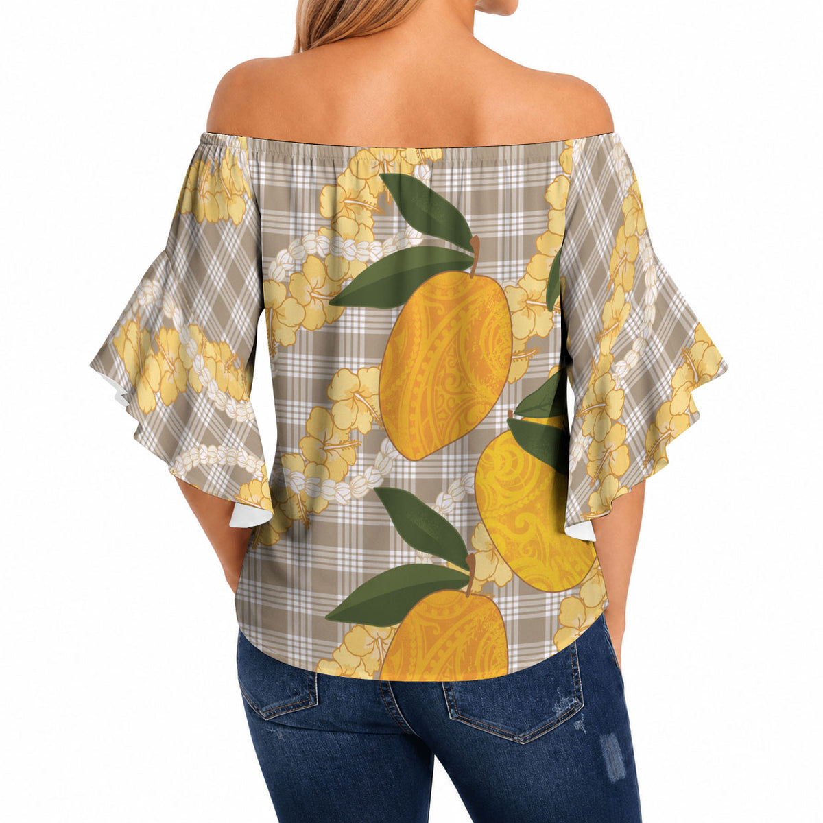 Maku'e Hawaiian Mango Palaka Off Shoulder Wrap Waist Top Aloha Hibiscus Pikake Lei LT9 - Polynesian Pride