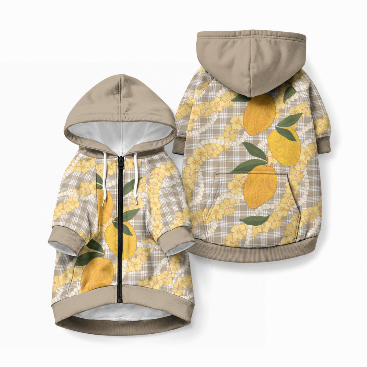 Maku'e Hawaiian Mango Palaka Pet Hoodie Aloha Hibiscus Pikake Lei LT9 Zip-up Brown - Polynesian Pride