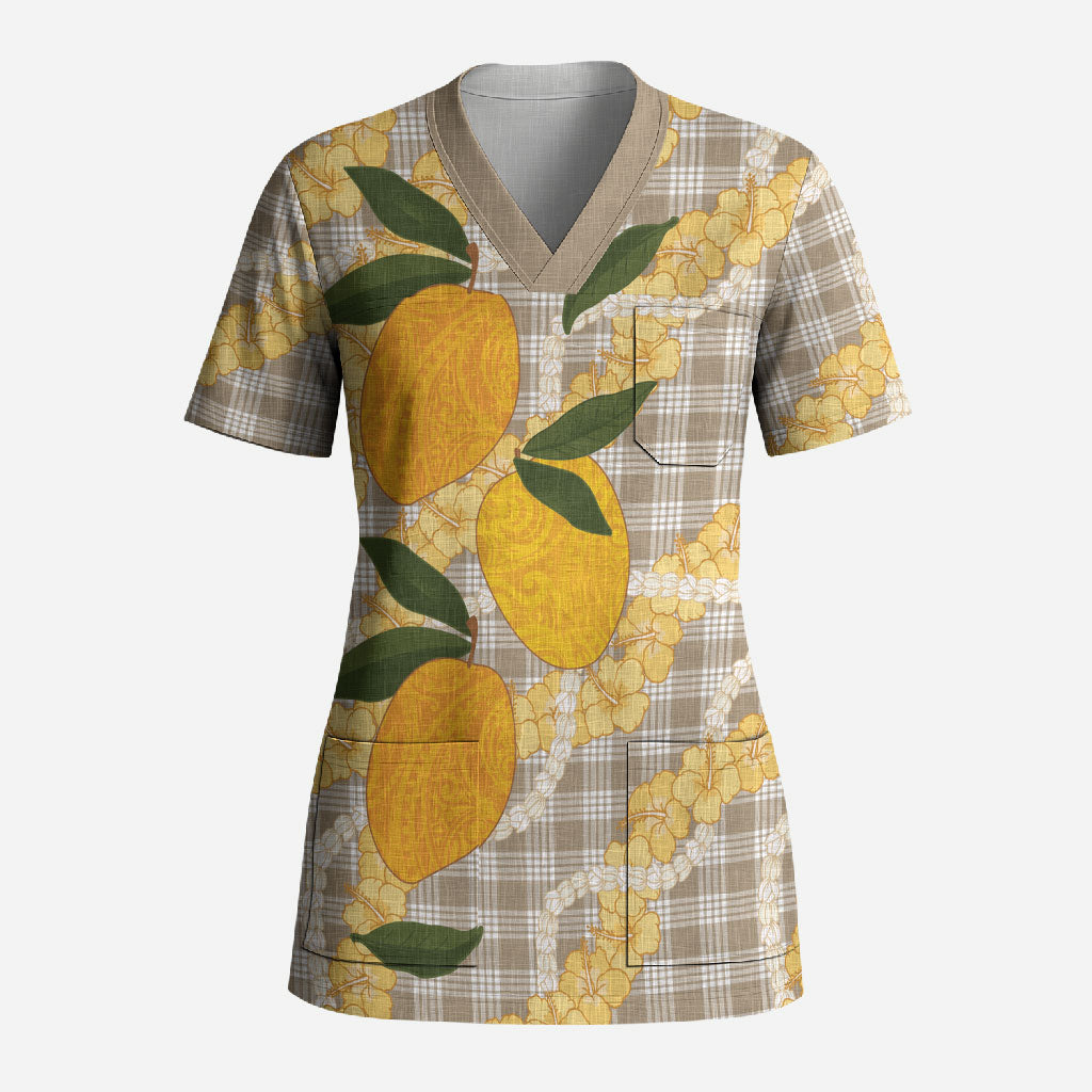 Maku'e Hawaiian Mango Palaka Scrub Top Aloha Hibiscus Pikake Lei LT9 Adult Brown - Polynesian Pride