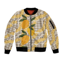 Maku'e Hawaiian Mango Palaka Sleeve Zip Bomber Jacket Aloha Hibiscus Pikake Lei