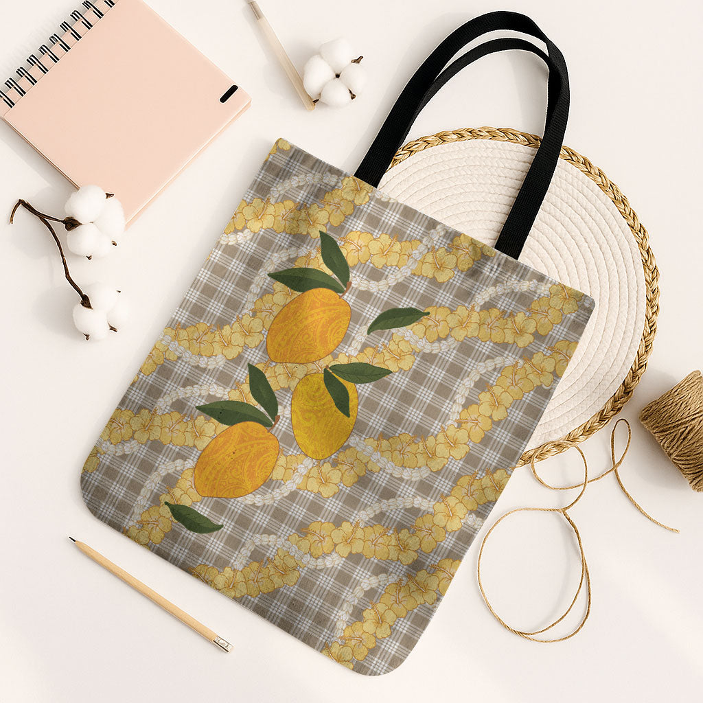 Maku'e Hawaiian Mango Palaka Tote Bag Aloha Hibiscus Pikake Lei LT9 Black Strap One Size Brown - Polynesian Pride