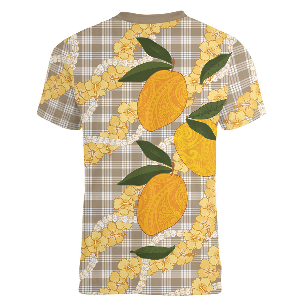 Maku'e Hawaiian Mango Palaka Women V-Neck T-Shirt Aloha Hibiscus Pikake Lei