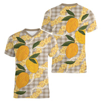 Maku'e Hawaiian Mango Palaka Women V-Neck T-Shirt Aloha Hibiscus Pikake Lei