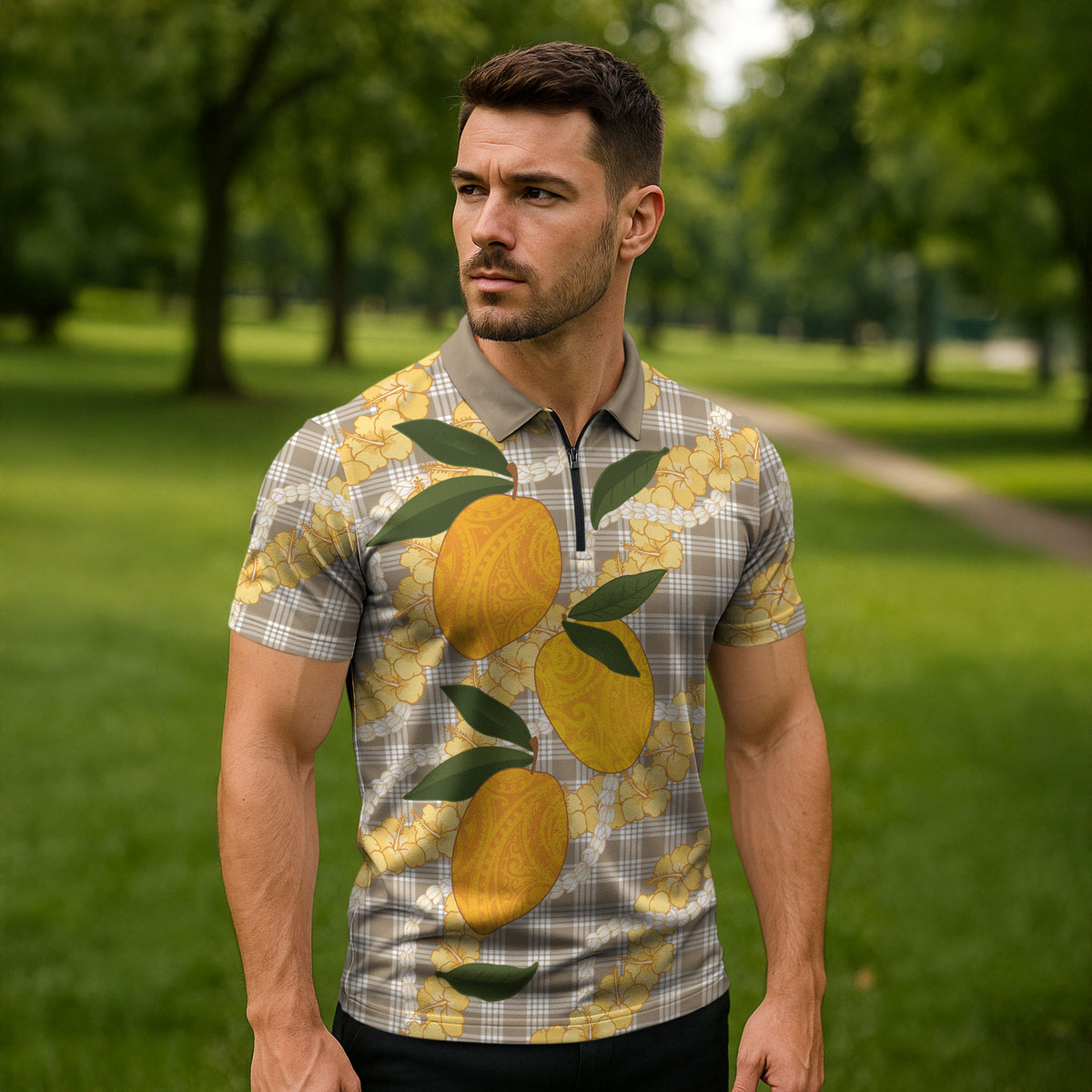 Maku'e Hawaiian Mango Palaka Zipper Polo Shirt Aloha Hibiscus Pikake Lei