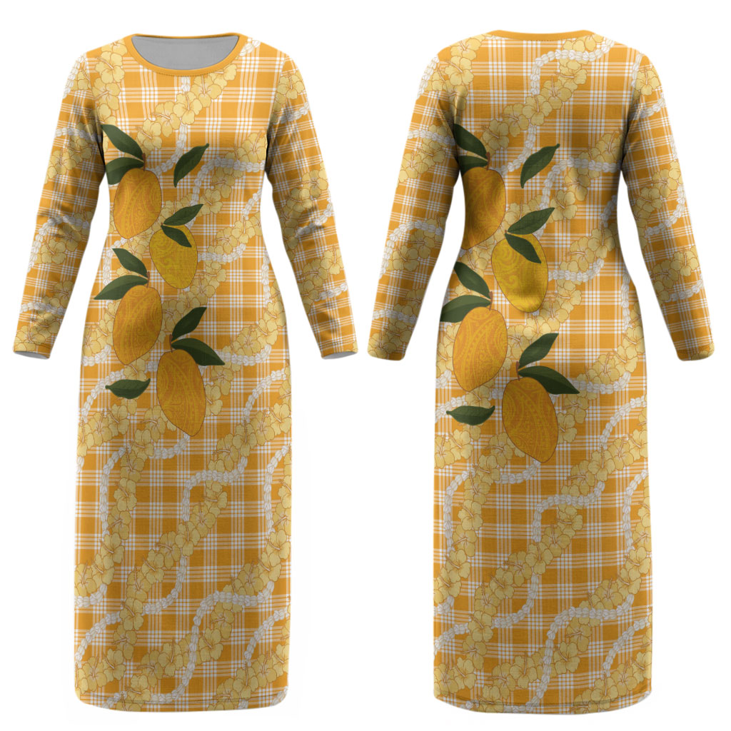 Alani Hawaiian Mango Palaka Couples Matching Long Sleeve Bodycon Dress and Hawaiian Shirt Aloha Hibiscus Pikake Lei