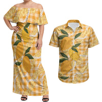 Alani Hawaiian Mango Palaka Couples Matching Off Shoulder Maxi Dress and Hawaiian Shirt Aloha Hibiscus Pikake Lei