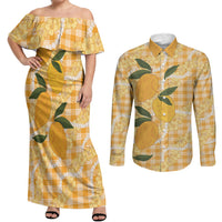 Alani Hawaiian Mango Palaka Couples Matching Off Shoulder Maxi Dress and Long Sleeve Button Shirt Aloha Hibiscus Pikake Lei