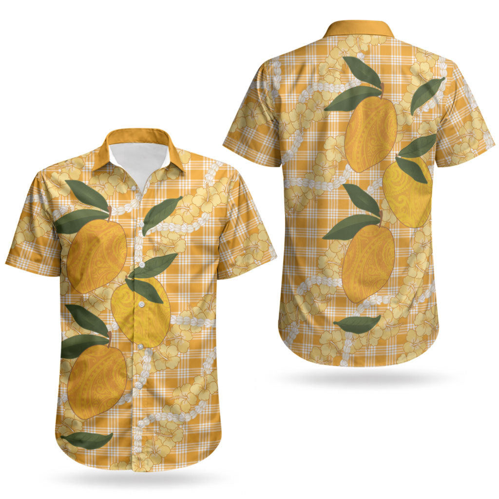 Alani Hawaiian Mango Palaka Couples Matching Puletasi and Hawaiian Shirt Aloha Hibiscus Pikake Lei