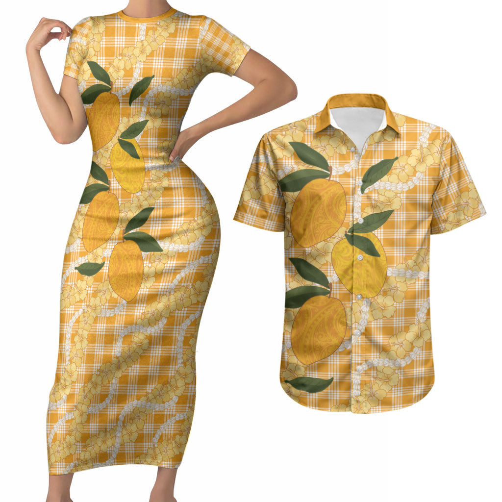 Alani Hawaiian Mango Palaka Couples Matching Short Sleeve Bodycon Dress and Hawaiian Shirt Aloha Hibiscus Pikake Lei