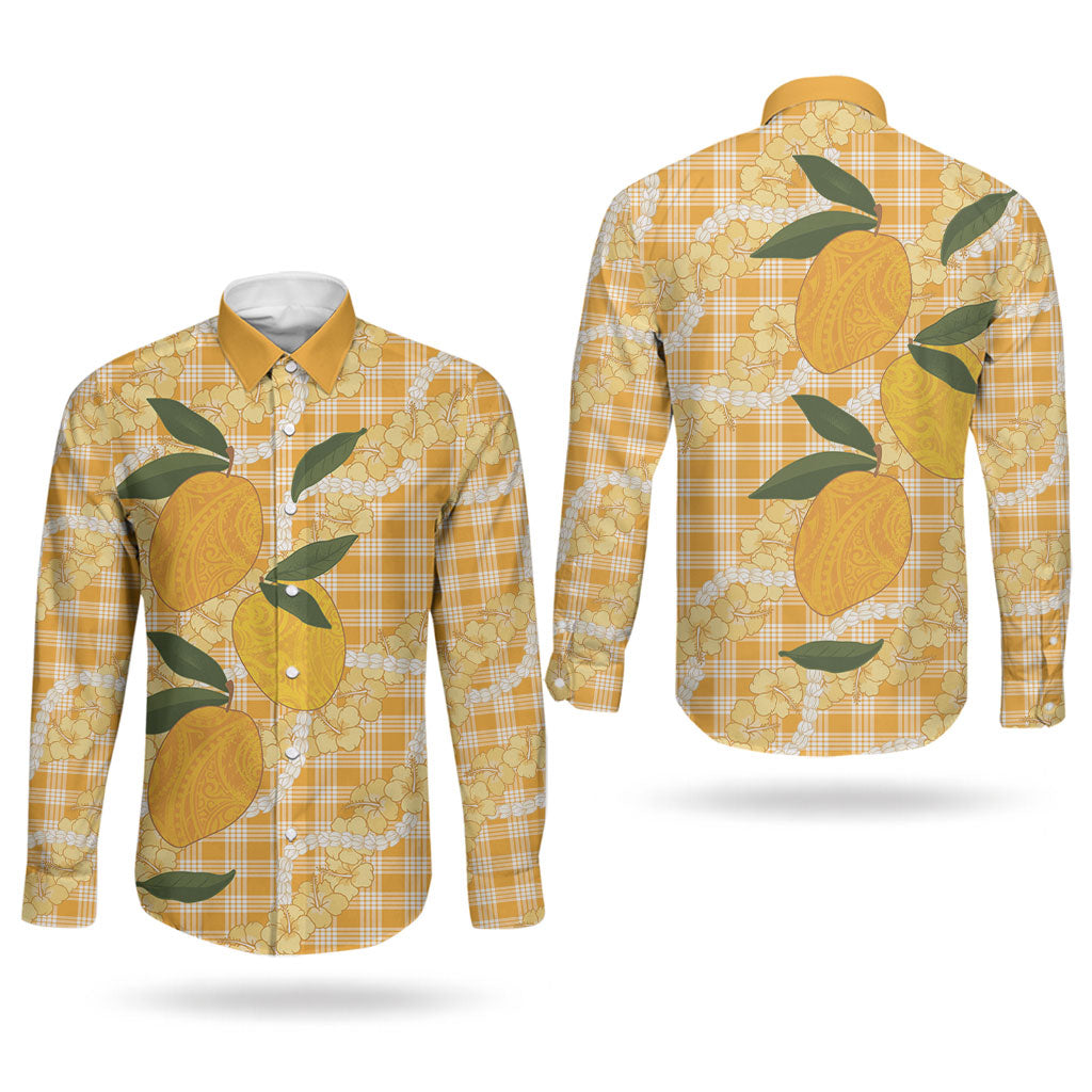 Alani Hawaiian Mango Palaka Couples Matching Short Sleeve Bodycon Dress and Long Sleeve Button Shirt Aloha Hibiscus Pikake Lei