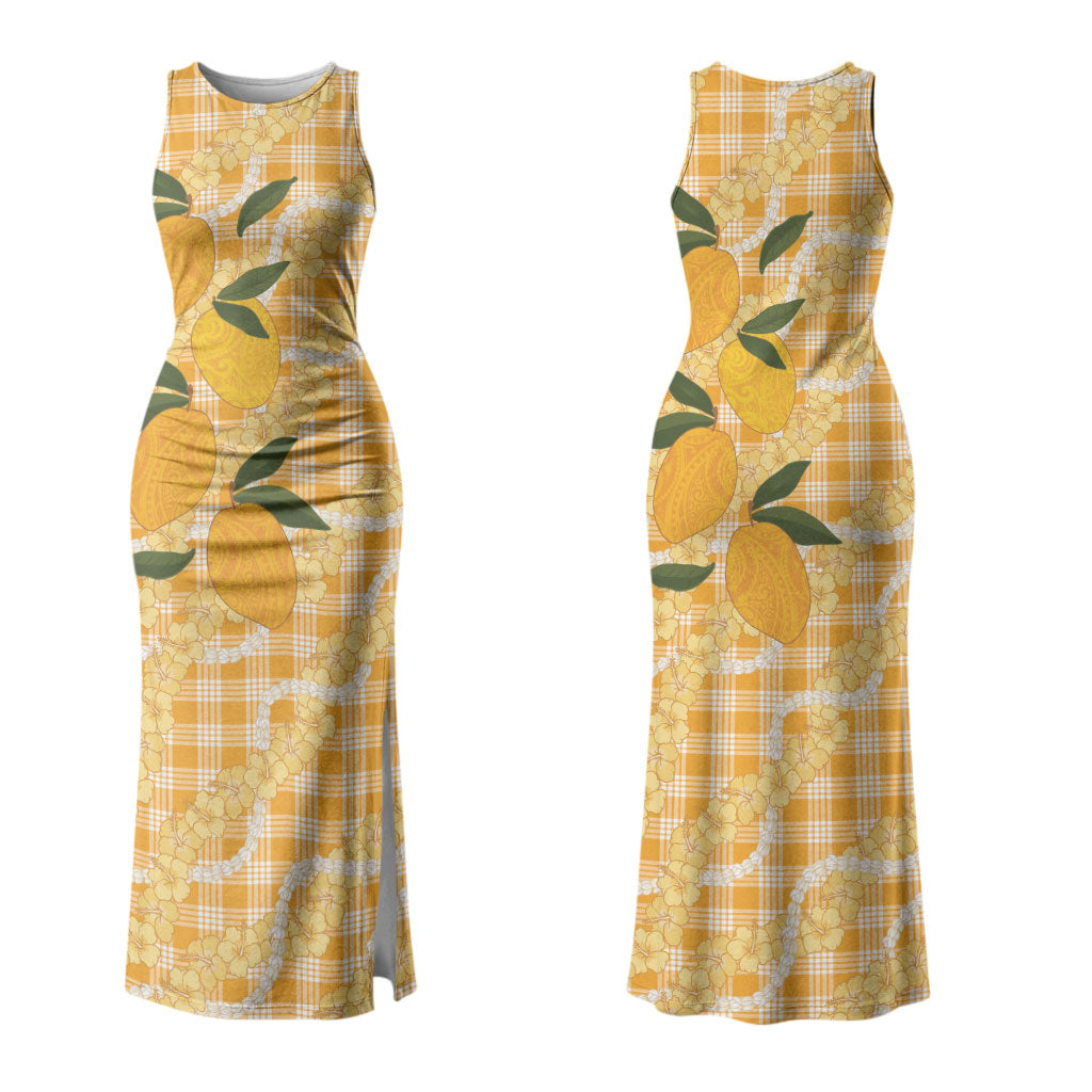Alani Hawaiian Mango Palaka Couples Matching Tank Maxi Dress and Hawaiian Shirt Aloha Hibiscus Pikake Lei