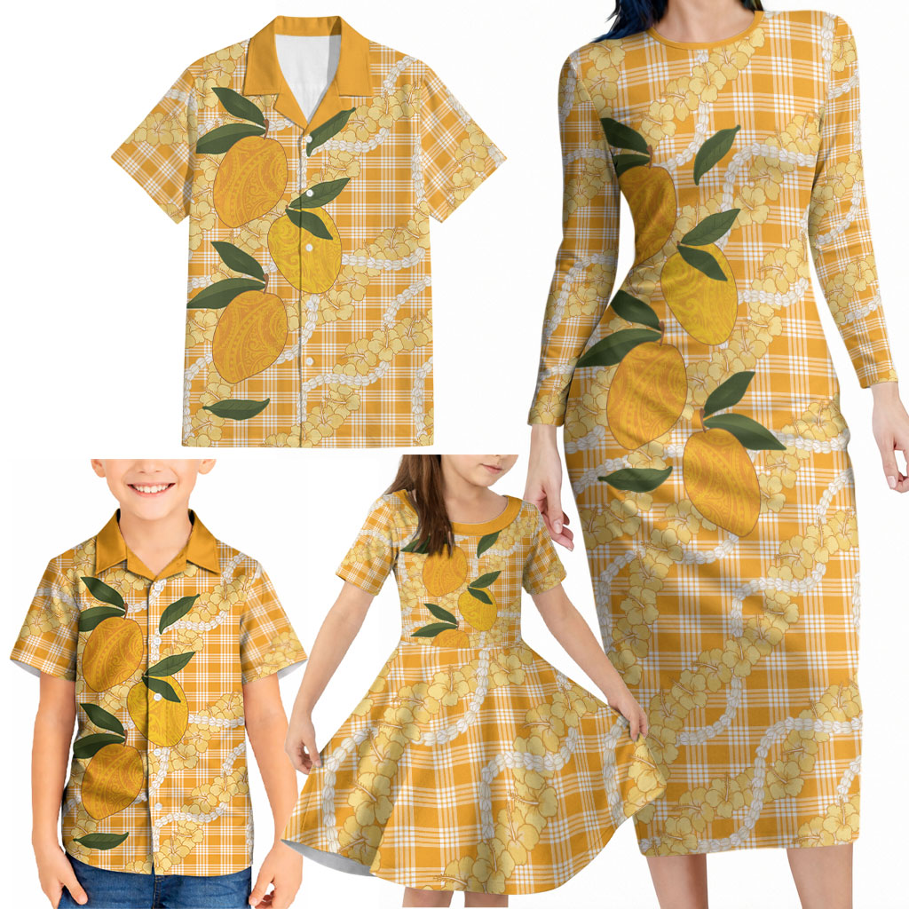 Alani Hawaiian Mango Palaka Family Matching Long Sleeve Bodycon Dress and Hawaiian Shirt Aloha Hibiscus Pikake Lei LT9 - Polynesian Pride