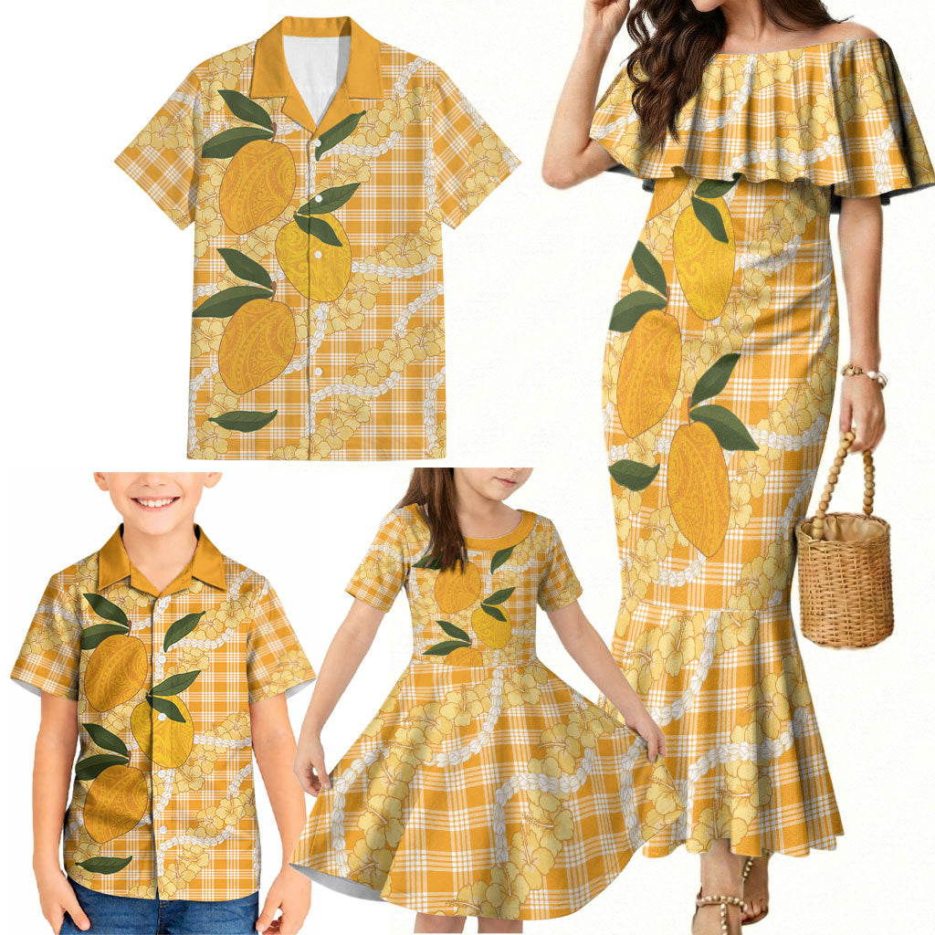 Alani Hawaiian Mango Palaka Family Matching Mermaid Dress and Hawaiian Shirt Aloha Hibiscus Pikake Lei LT9 - Polynesian Pride