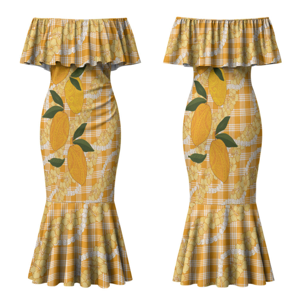 Alani Hawaiian Mango Palaka Family Matching Mermaid Dress and Hawaiian Shirt Aloha Hibiscus Pikake Lei