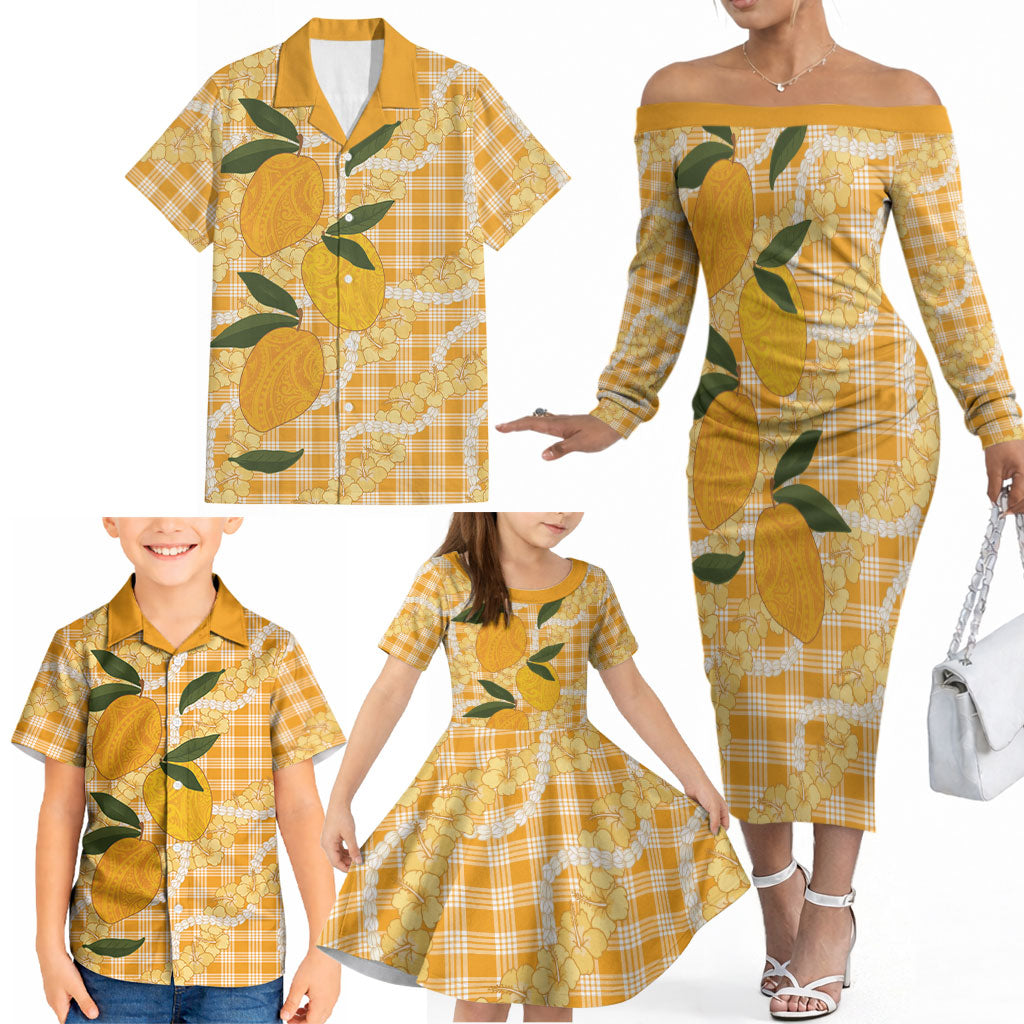 Alani Hawaiian Mango Palaka Family Matching Off The Shoulder Long Sleeve Dress and Hawaiian Shirt Aloha Hibiscus Pikake Lei LT9 - Polynesian Pride