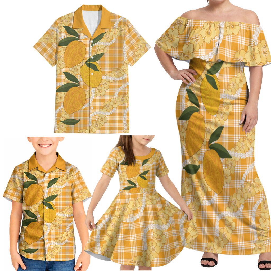 Alani Hawaiian Mango Palaka Family Matching Off Shoulder Maxi Dress and Hawaiian Shirt Aloha Hibiscus Pikake Lei LT9 - Polynesian Pride