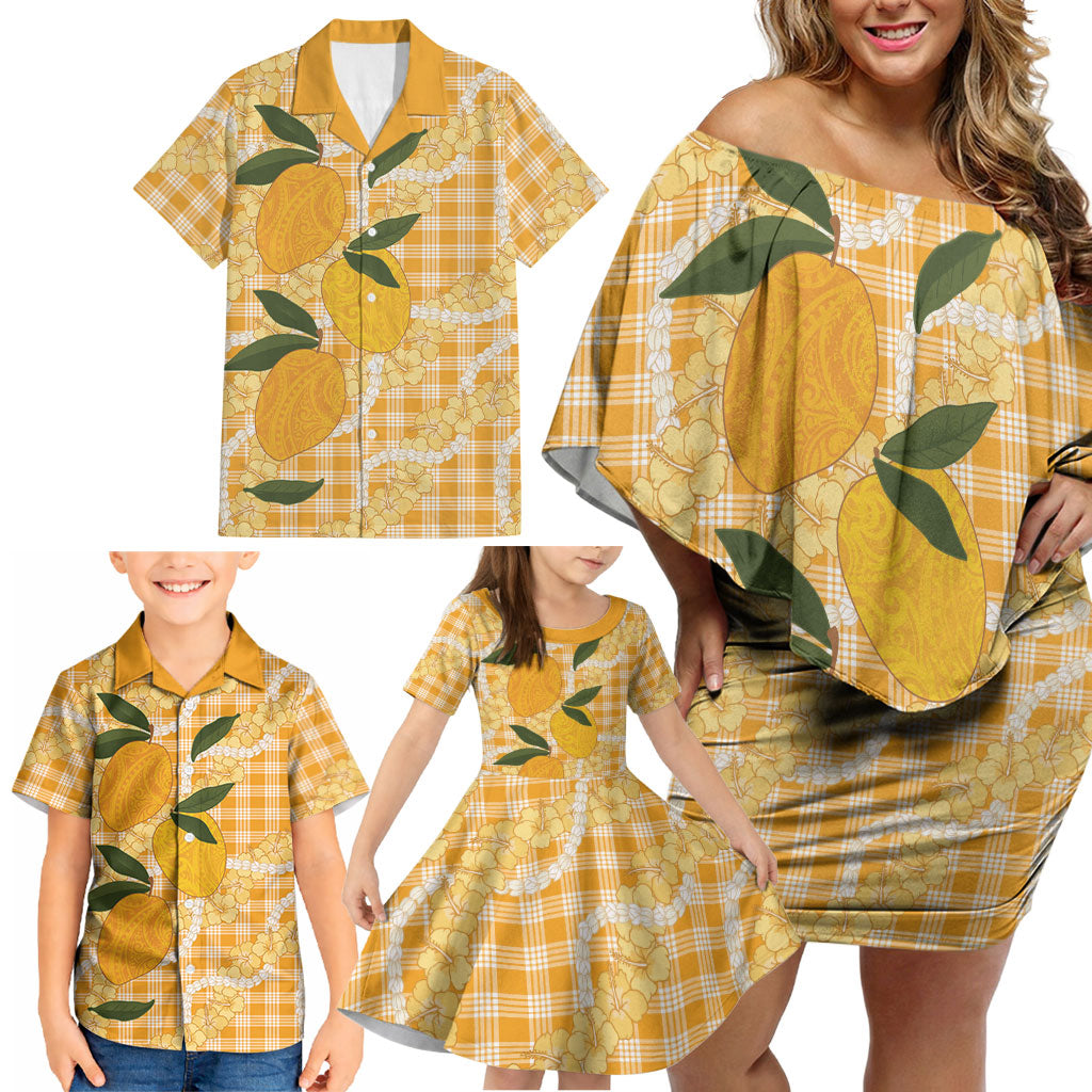 Alani Hawaiian Mango Palaka Family Matching Off Shoulder Short Dress and Hawaiian Shirt Aloha Hibiscus Pikake Lei LT9 - Polynesian Pride