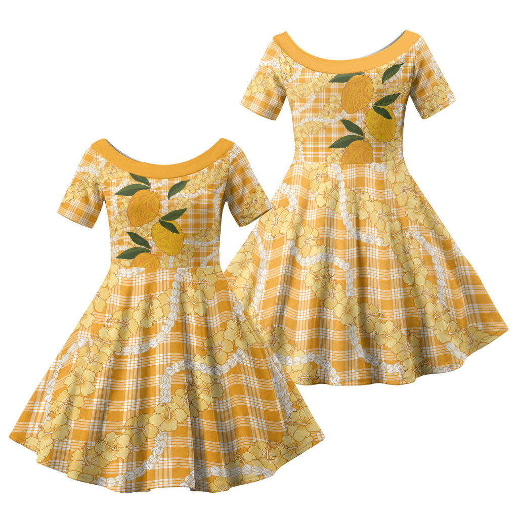 Alani Hawaiian Mango Palaka Family Matching Puletasi and Hawaiian Shirt Aloha Hibiscus Pikake Lei