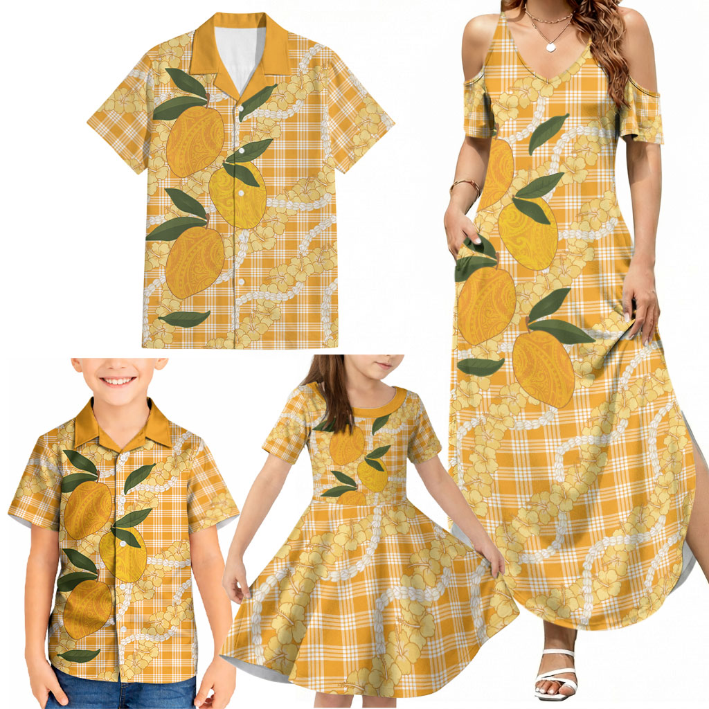 Alani Hawaiian Mango Palaka Family Matching Summer Maxi Dress and Hawaiian Shirt Aloha Hibiscus Pikake Lei