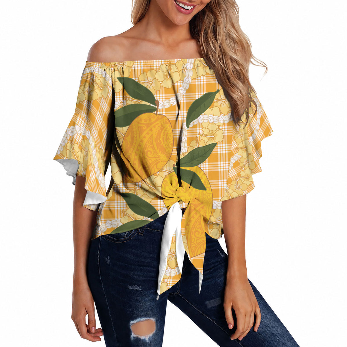Alani Hawaiian Mango Palaka Off Shoulder Wrap Waist Top Aloha Hibiscus Pikake Lei LT9 - Polynesian Pride