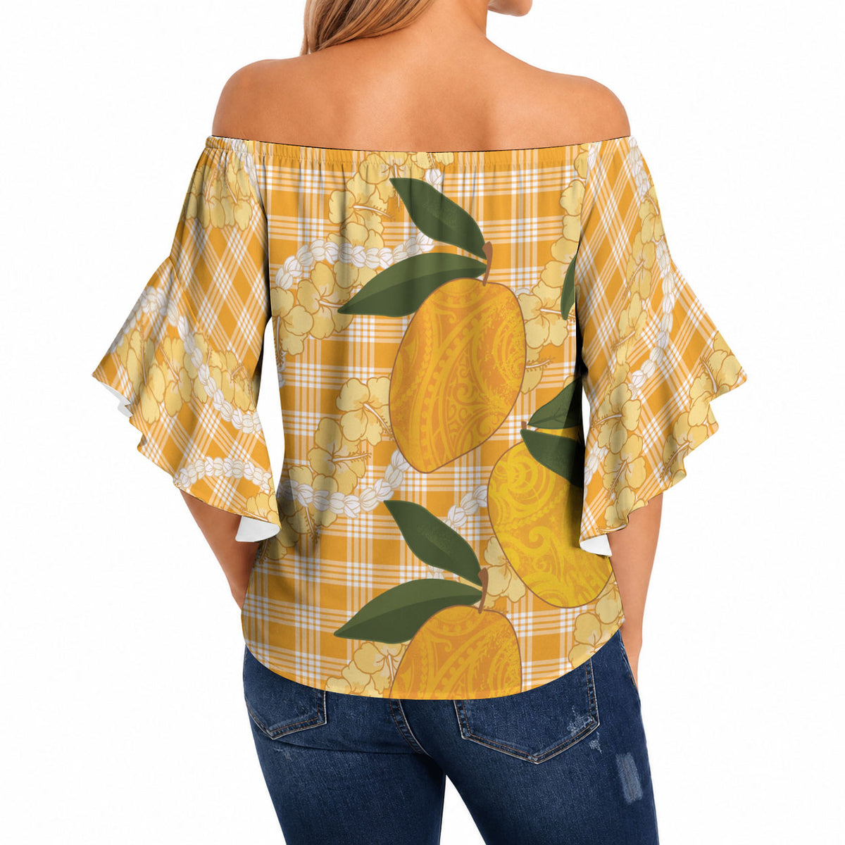 Alani Hawaiian Mango Palaka Off Shoulder Wrap Waist Top Aloha Hibiscus Pikake Lei LT9 - Polynesian Pride
