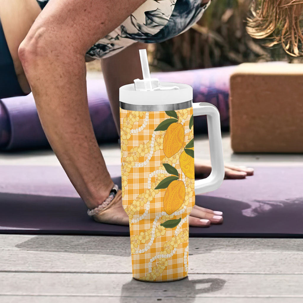 Alani Hawaiian Mango Palaka Tumbler With Handle Aloha Hibiscus Pikake Lei