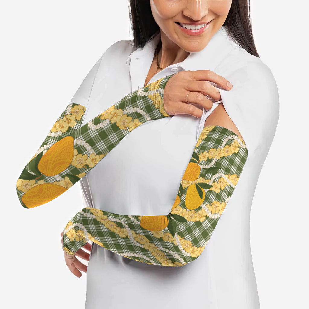 Uliuli Ahiahia Hawaiian Mango Palaka Arm Sleeves Aloha Hibiscus Pikake Lei