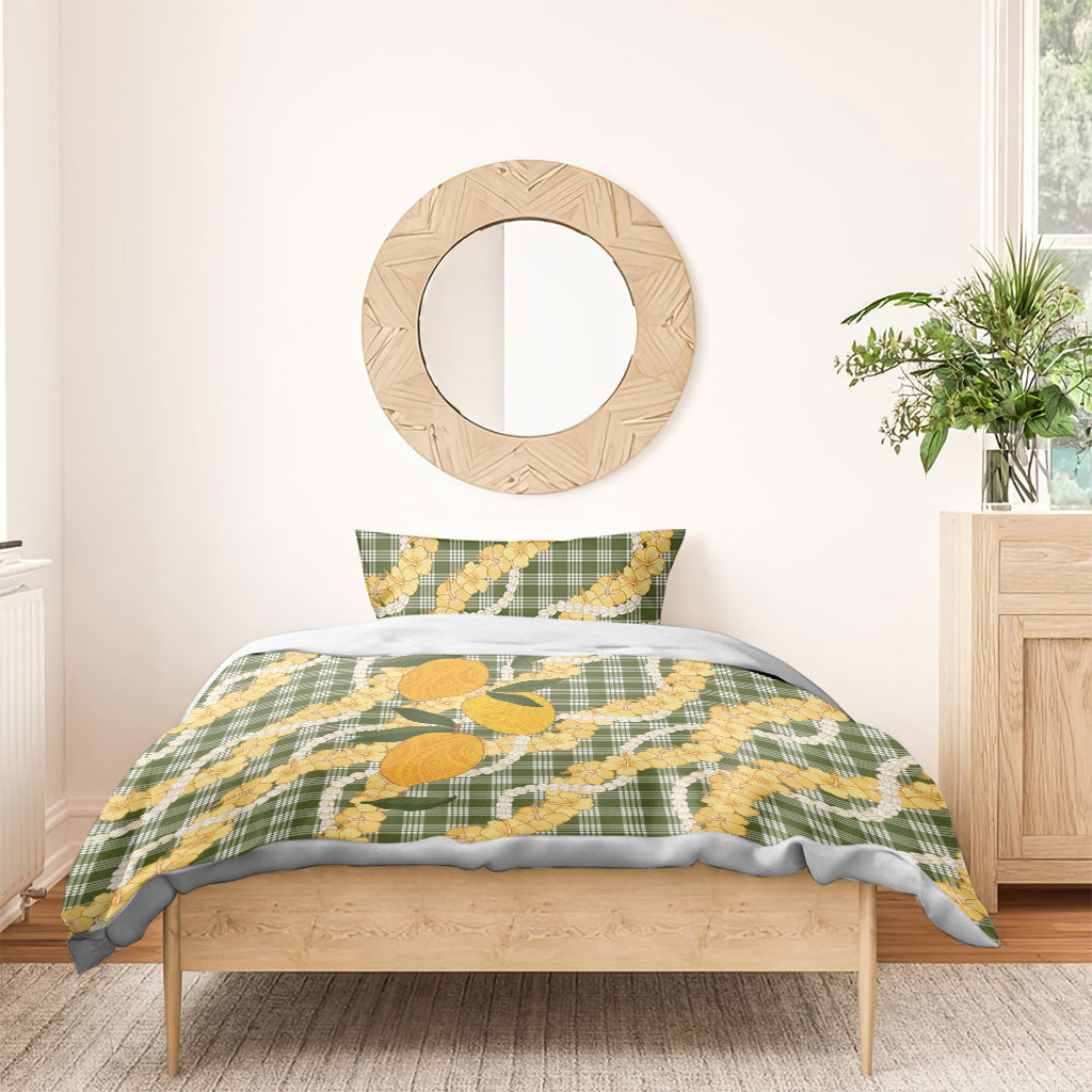 Uliuli Ahiahia Hawaiian Mango Palaka Bedding Set Aloha Hibiscus Pikake Lei
