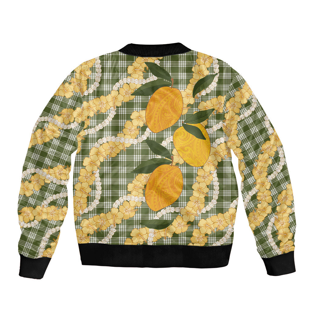 Uliuli Ahiahia Hawaiian Mango Palaka Bomber Jacket Aloha Hibiscus Pikake Lei