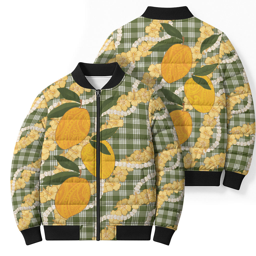 Uliuli Ahiahia Hawaiian Mango Palaka Bomber Puffer Jacket Aloha Hibiscus Pikake Lei