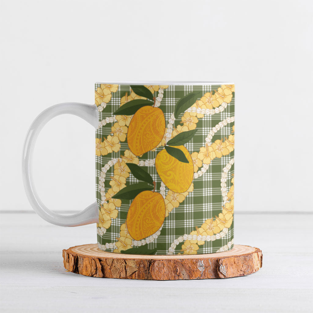 Uliuli Ahiahia Hawaiian Mango Palaka Ceramic Mug Aloha Hibiscus Pikake Lei LT9 Sage Green - Polynesian Pride