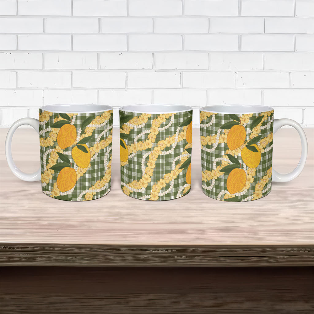 Uliuli Ahiahia Hawaiian Mango Palaka Ceramic Mug Aloha Hibiscus Pikake Lei