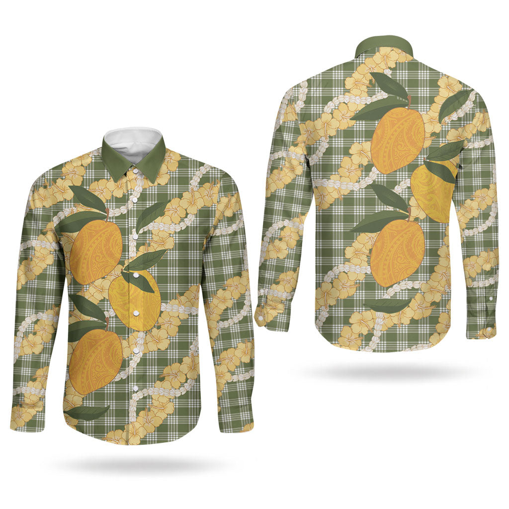 Uliuli Ahiahia Hawaiian Mango Palaka Couples Matching Off Shoulder Maxi Dress and Long Sleeve Button Shirt Aloha Hibiscus Pikake Lei