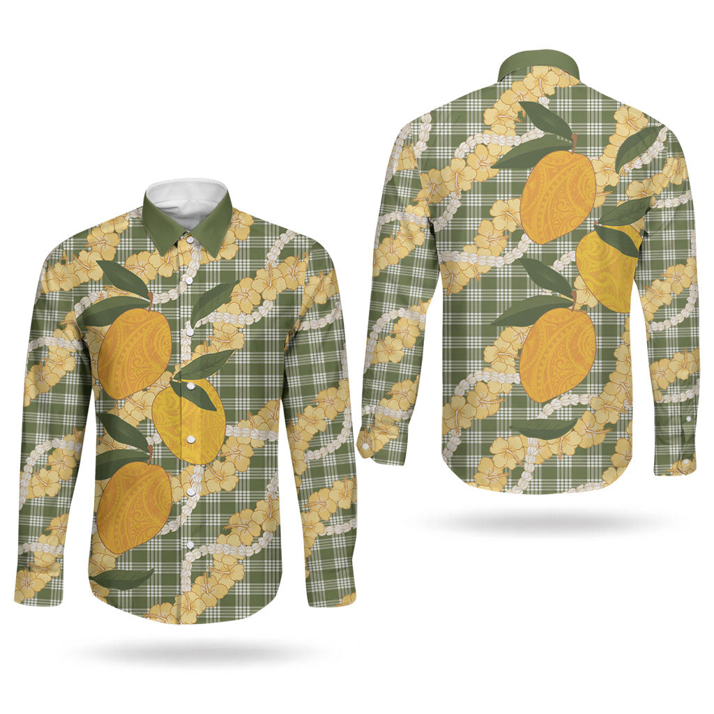 Uliuli Ahiahia Hawaiian Mango Palaka Couples Matching Off Shoulder Short Dress and Long Sleeve Button Shirt Aloha Hibiscus Pikake Lei