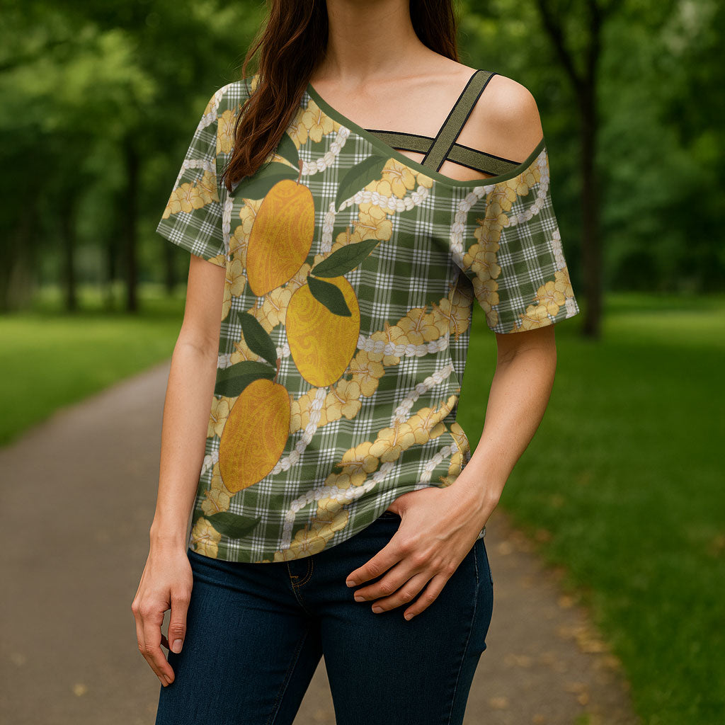 Uliuli Ahiahia Hawaiian Mango Palaka Cross Shoulder Shirt Aloha Hibiscus Pikake Lei