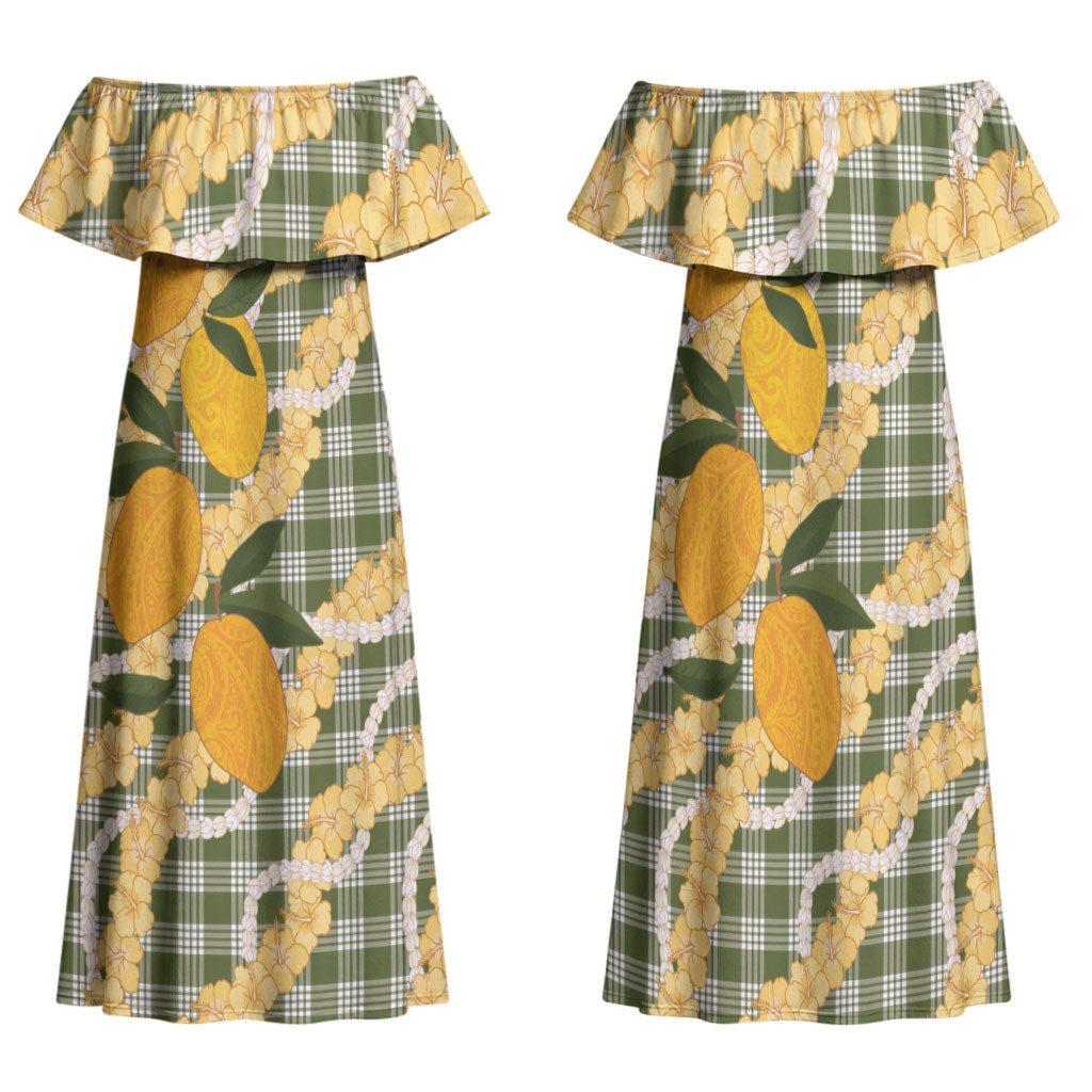 Uliuli Ahiahia Hawaiian Mango Palaka Family Matching Off Shoulder Maxi Dress and Hawaiian Shirt Aloha Hibiscus Pikake Lei