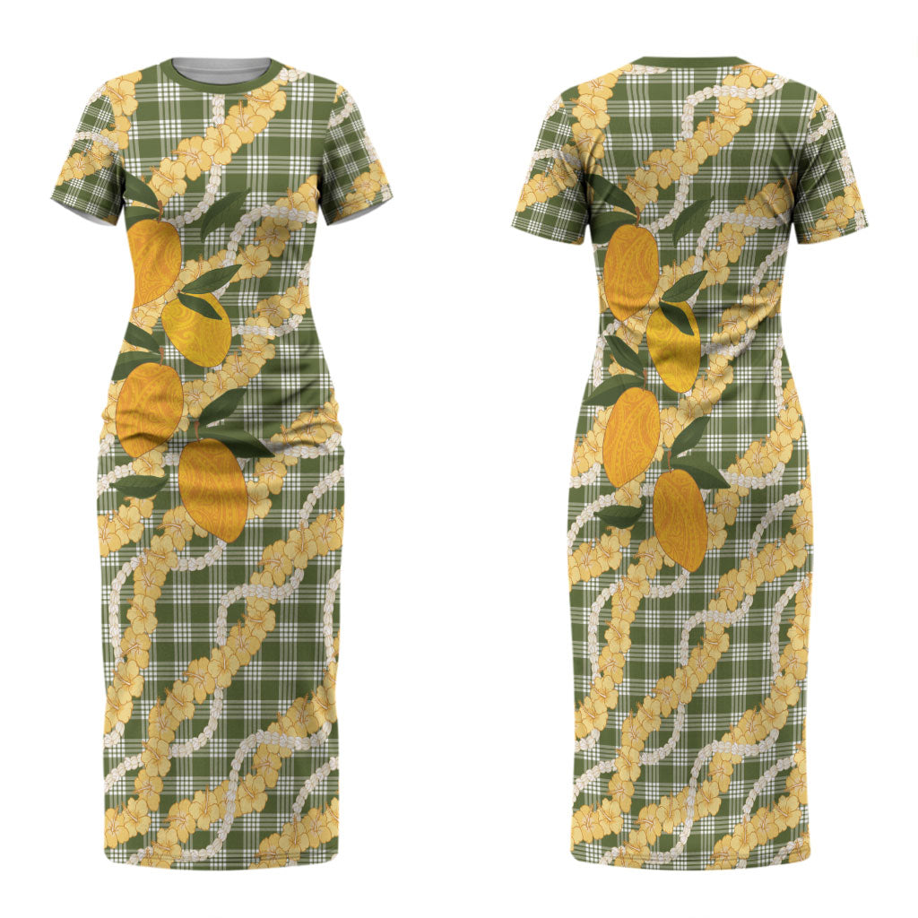 Uliuli Ahiahia Hawaiian Mango Palaka Family Matching Short Sleeve Bodycon Dress and Hawaiian Shirt Aloha Hibiscus Pikake Lei