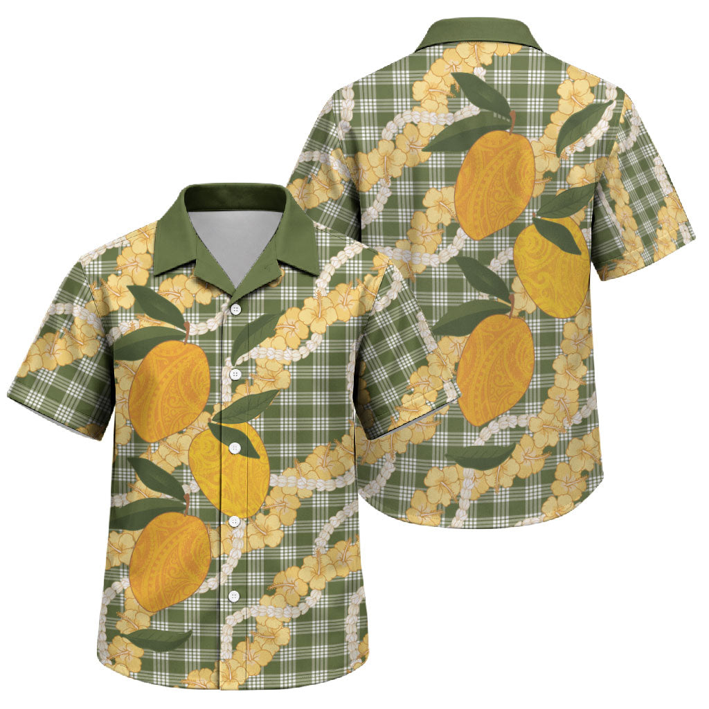 Uliuli Ahiahia Hawaiian Mango Palaka Family Matching Short Sleeve Bodycon Dress and Hawaiian Shirt Aloha Hibiscus Pikake Lei