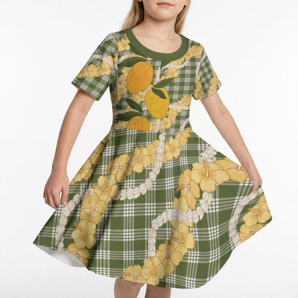 Uliuli Ahiahia Hawaiian Mango Palaka Kid Short Sleeve Dress Aloha Hibiscus Pikake Lei