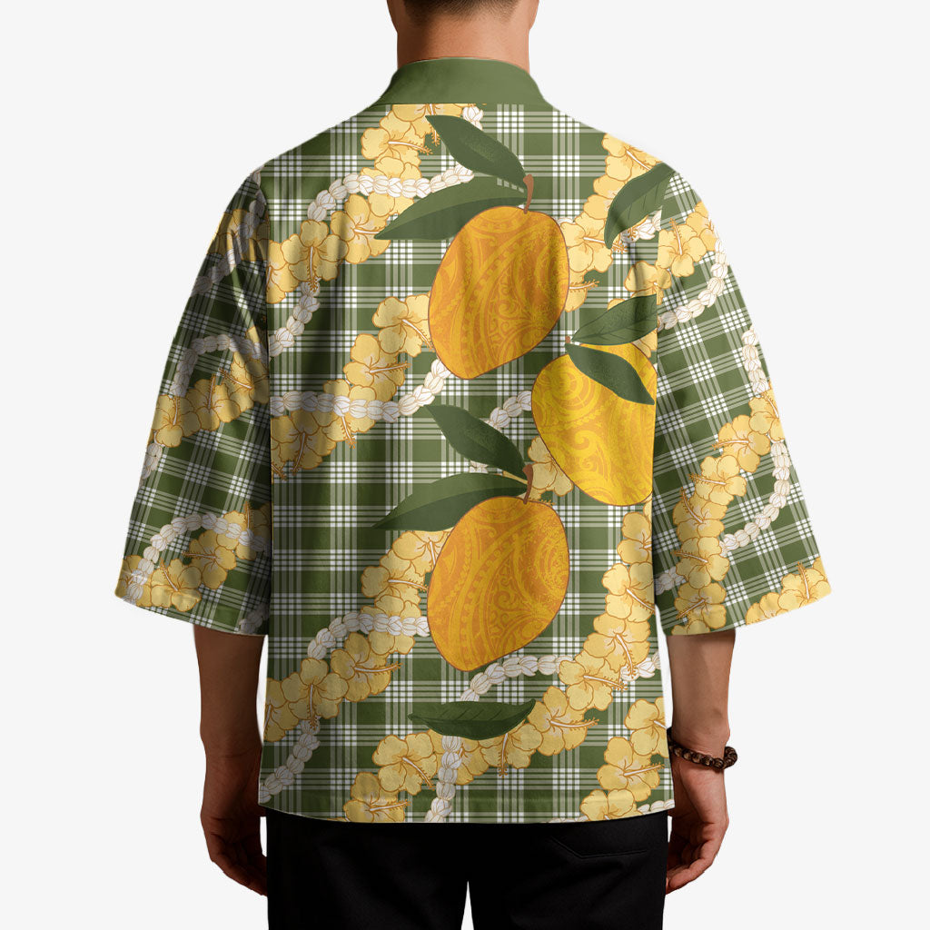 Uliuli Ahiahia Hawaiian Mango Palaka Kimono Aloha Hibiscus Pikake Lei