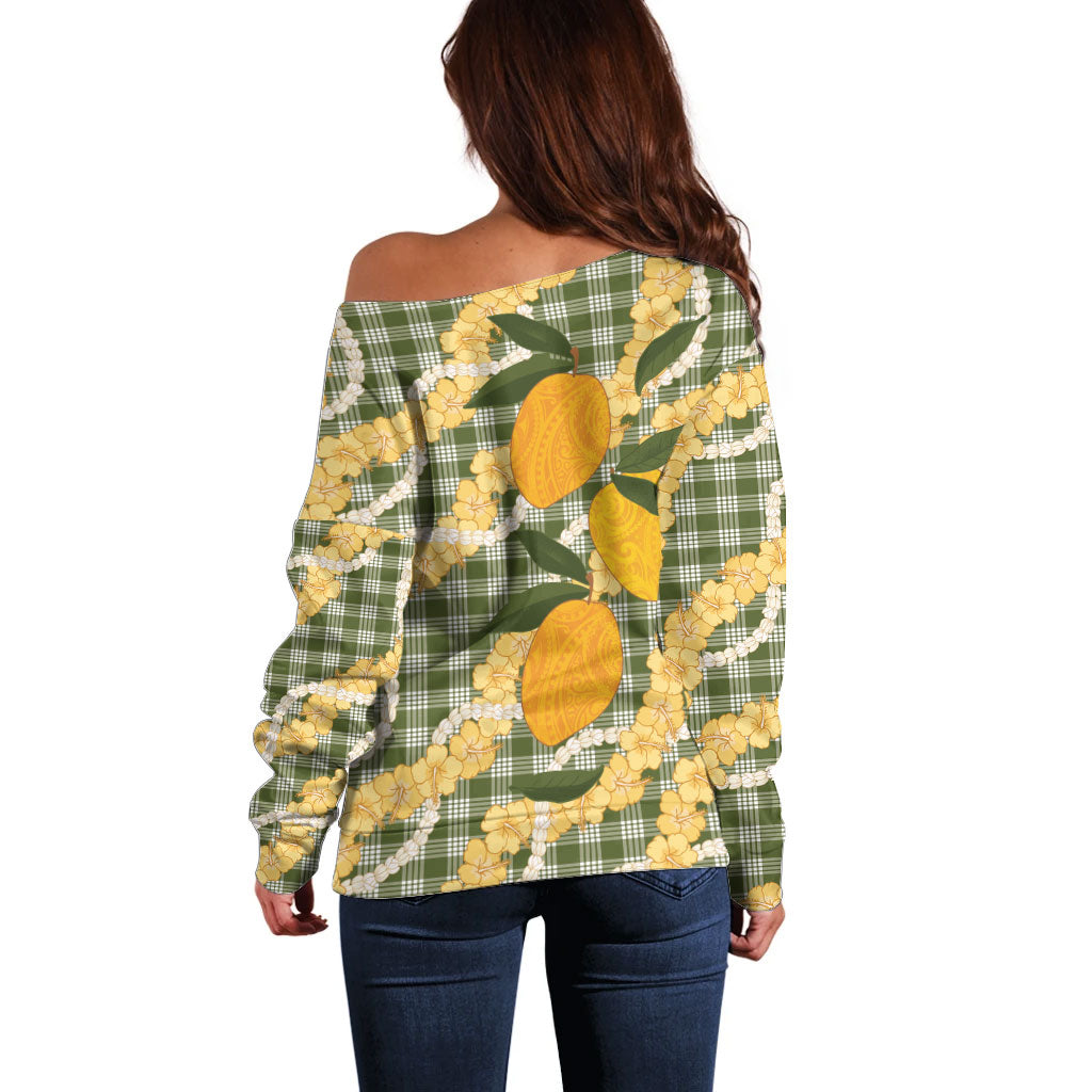 Uliuli Ahiahia Hawaiian Mango Palaka Off Shoulder Sweater Aloha Hibiscus Pikake Lei