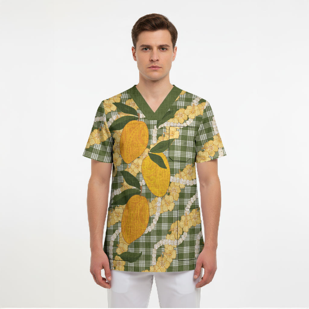 Uliuli Ahiahia Hawaiian Mango Palaka Scrub Top Aloha Hibiscus Pikake Lei